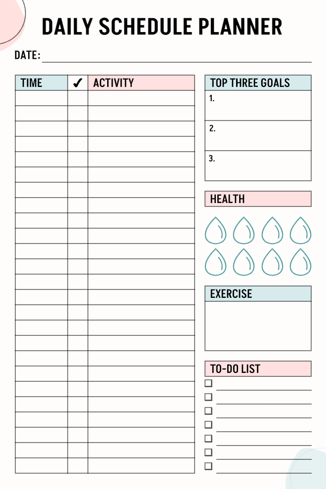 Health-Focused Daily Schedule Planner in teal and pink with time-activity log, top 3 goals, water tracker, exercise box, and to-do checklist on cream background.