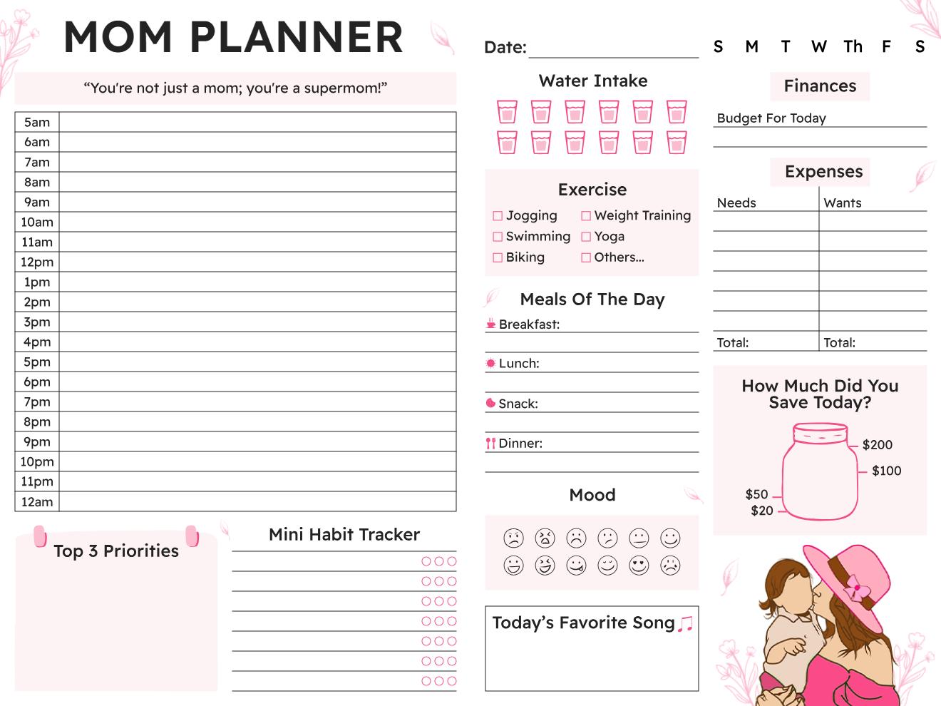 Daily Schedule and Health Overview Mom Planner