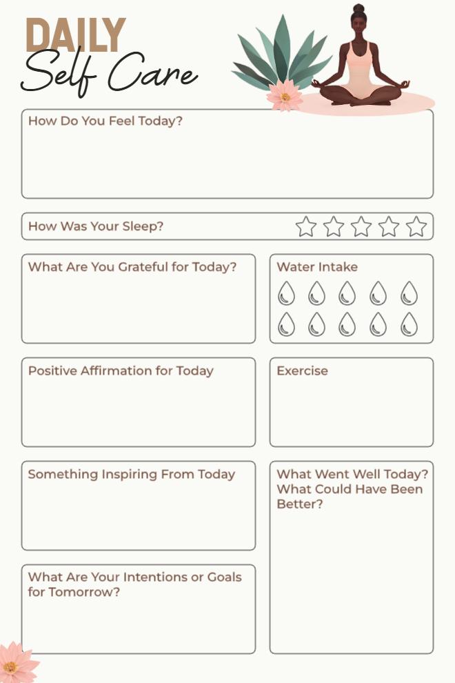 Beige daily self-care planner with mood check-in, sleep rating stars, gratitude box, water tracker, affirmation, and tomorrow's goals.