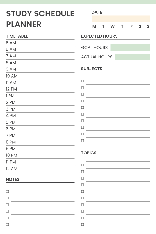 Daily Study Schedule Planner with hourly timetable, goal vs actual hours tracker, subjects checklist, topics checklist, and notes on a white and sage green background.