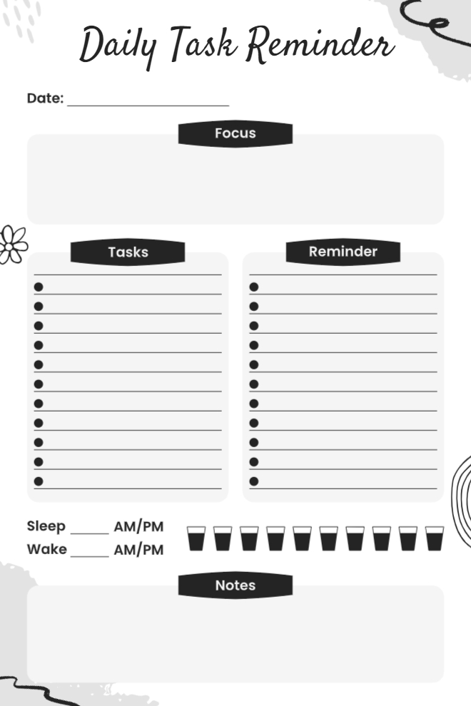 Black and white daily task reminder with focus, tasks, reminders, and wellness tracking