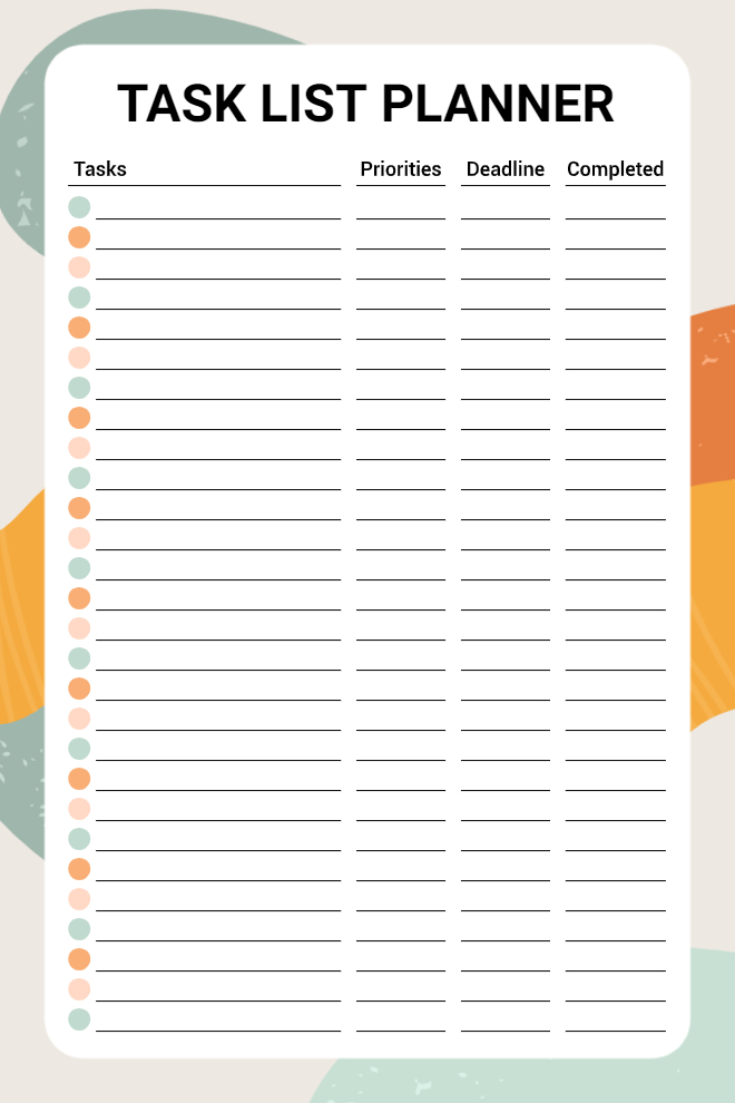 Task list planner with priority, deadline, and completion columns and color-coded dots