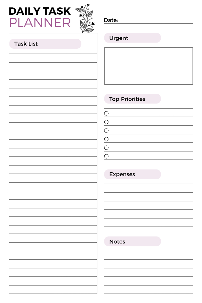 Daily task planner with task list, urgent section, top priorities, expenses tracker, and notes