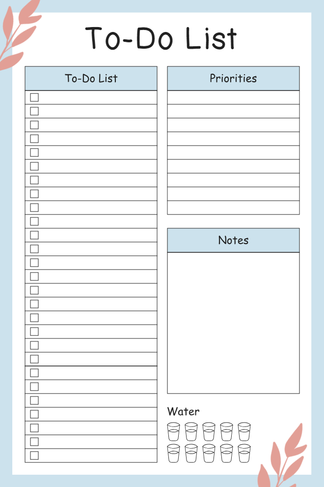 Daily to-do list with task checkboxes, priorities section, notes area, and water intake tracker