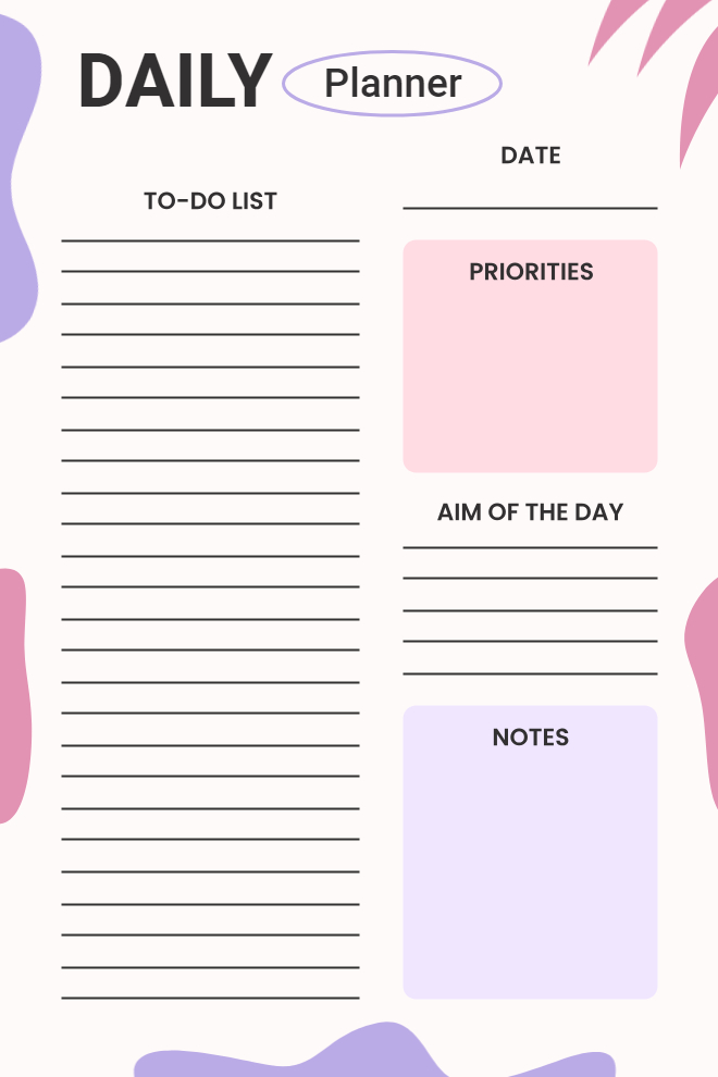 Minimal pink and purple daily planner with a large to-do list, priorities box, aim of the day section, and notes area.