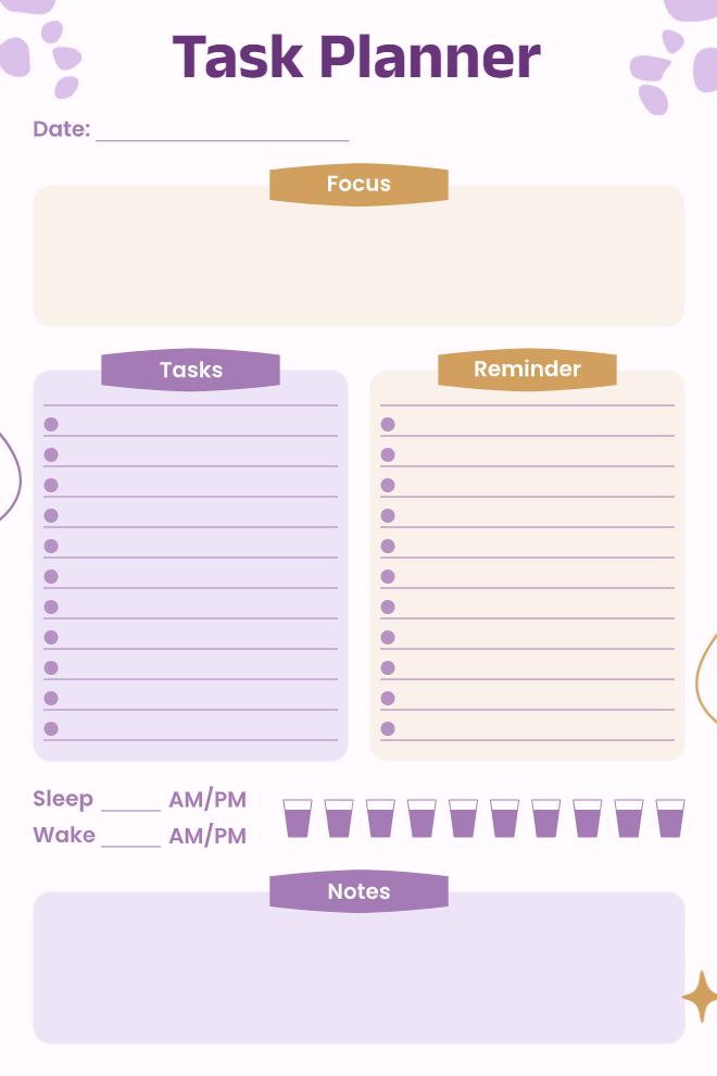 Daily task planner with focus section, tasks, reminders, sleep/wake tracker, and water intake