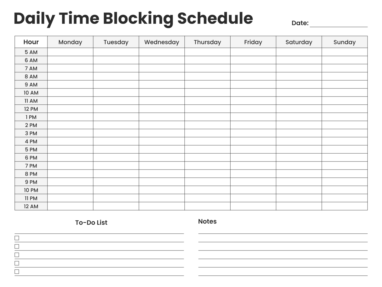 Weekly time blocking schedule grid showing Monday through Sunday with hourly rows, to-do list, and notes section