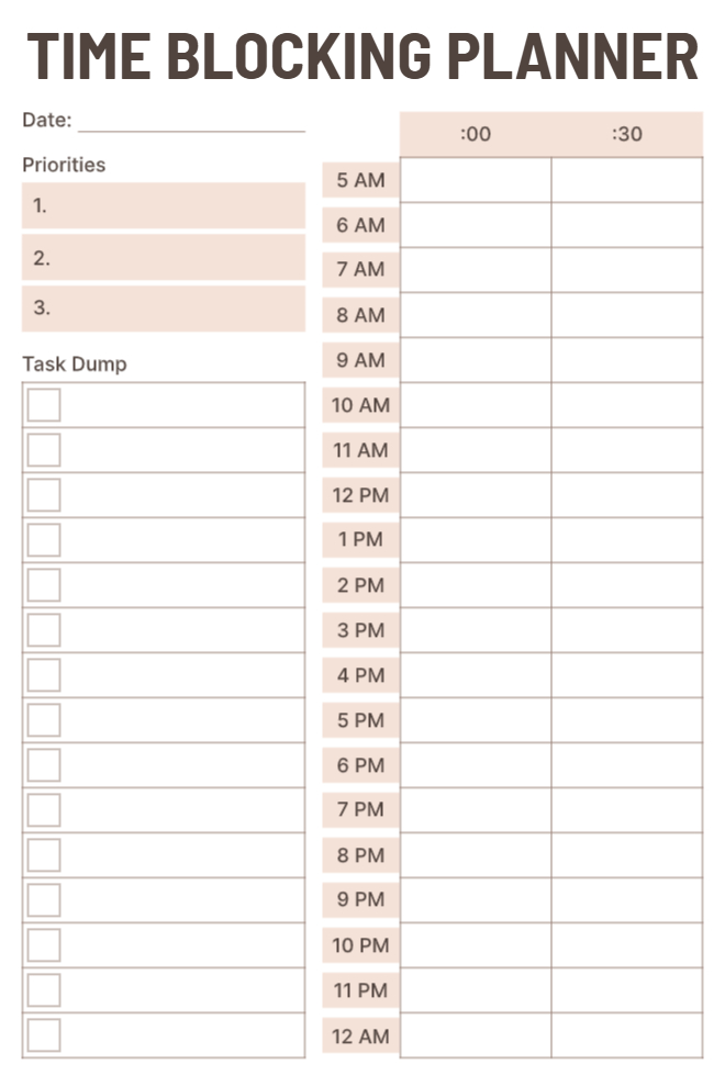 Minimalist time blocking planner with priorities list, task dump, and hourly schedule with 30-minute intervals