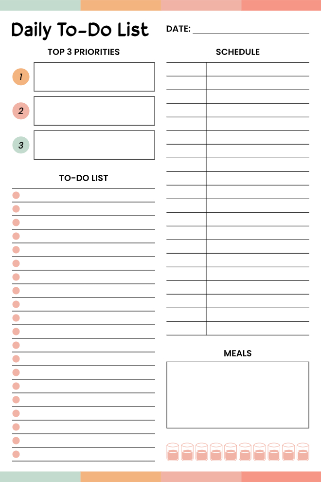 Daily to-do list with top 3 priorities, task list, schedule, meal planner, and water tracker