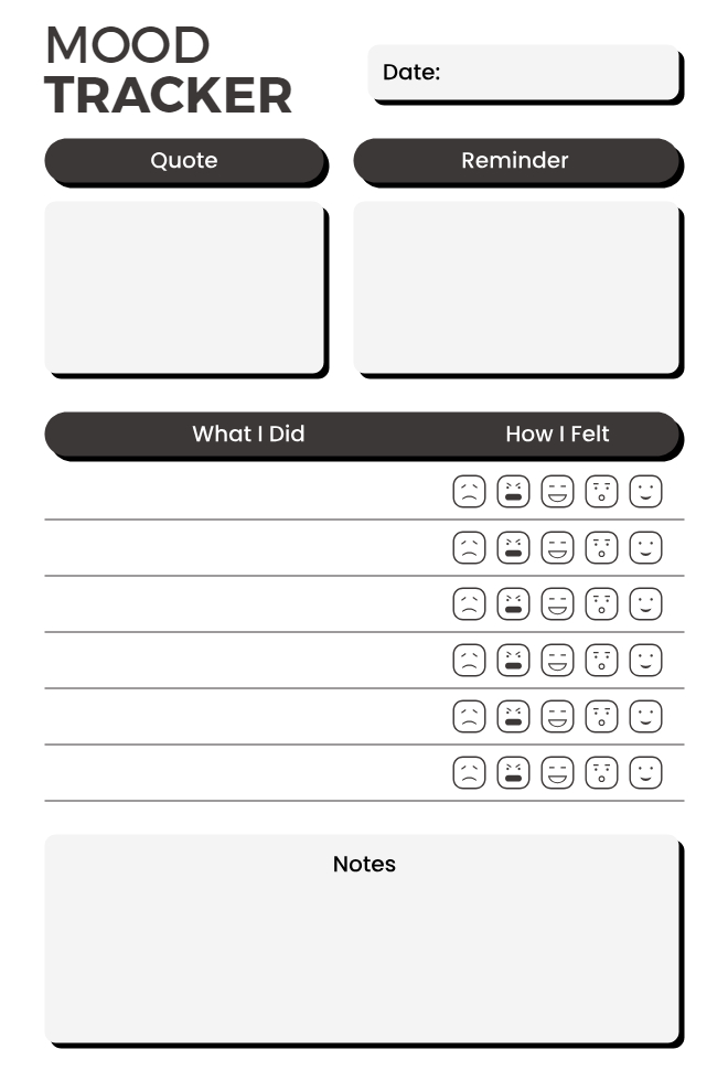 Daily mood tracker linking activities to emotions with quote and notes sections
