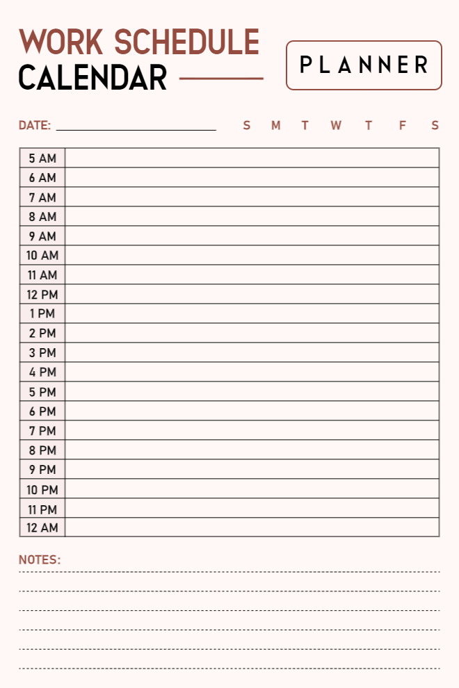 Minimal beige work schedule calendar planner with hourly slots from 5 AM to 12 AM, day selector, and dotted notes section.