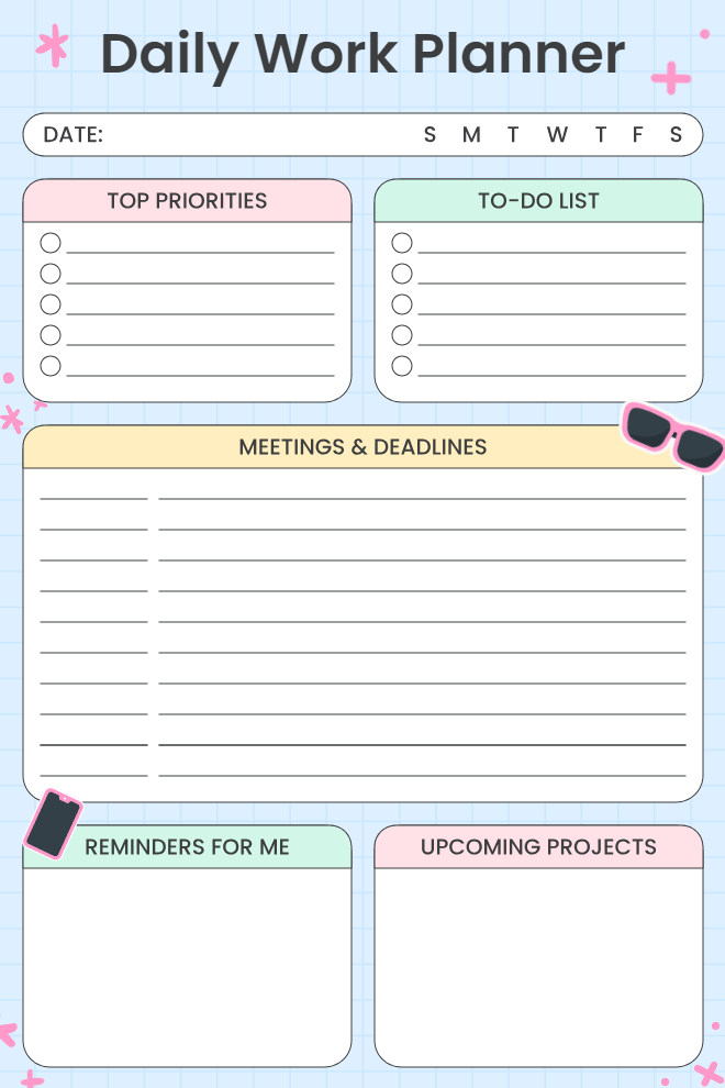 Pastel blue daily work planner with top priorities, to-do list, meetings and deadlines section, reminders, and upcoming projects blocks.