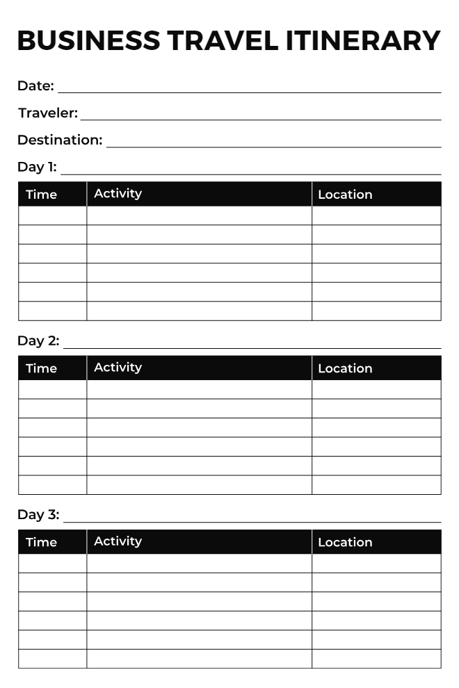 Black and white business travel itinerary with three-day sections, each containing time, activity, and location columns, and traveler and destination fields at the top.