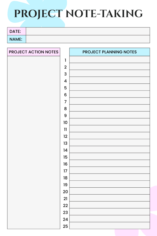 Project Note-Taking template on white with bold black title, blue flower shape accent, date and name fields, left purple-labeled project action notes box, right blue-labeled numbered project planning notes list from 1 to 25.