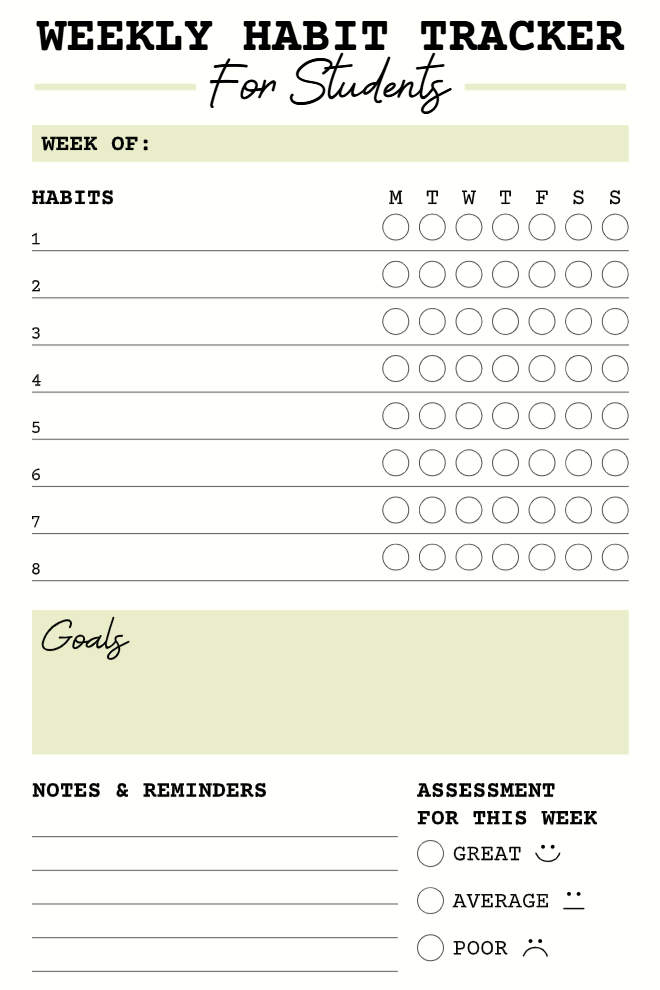 Weekly habit tracker for students with 8 habits, goals, notes, and self-assessment