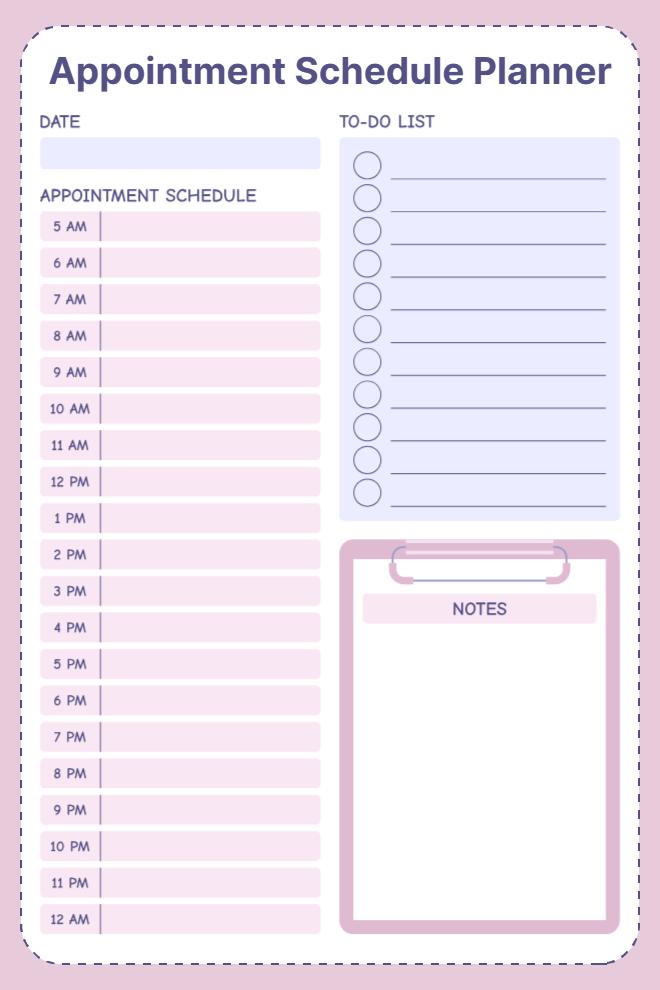 Appointment Schedule Planner in purple and pink with hourly appointment slots, to-do checklist, and a clipboard notes section on a soft pink background.