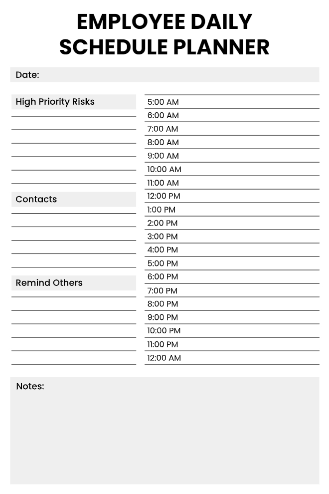 Employee Daily Schedule Planner in black and white with hourly schedule, high priority risks, contacts log, remind others section, and notes box.