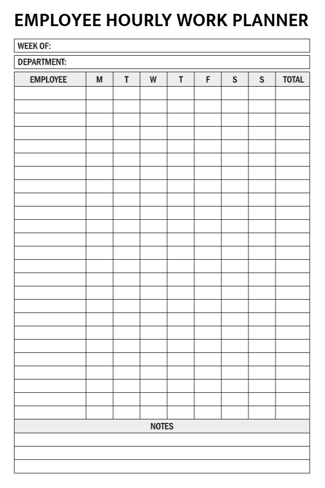 Black-and-white employee hourly work planner with employee rows, daily hour columns, weekly total, and notes section.