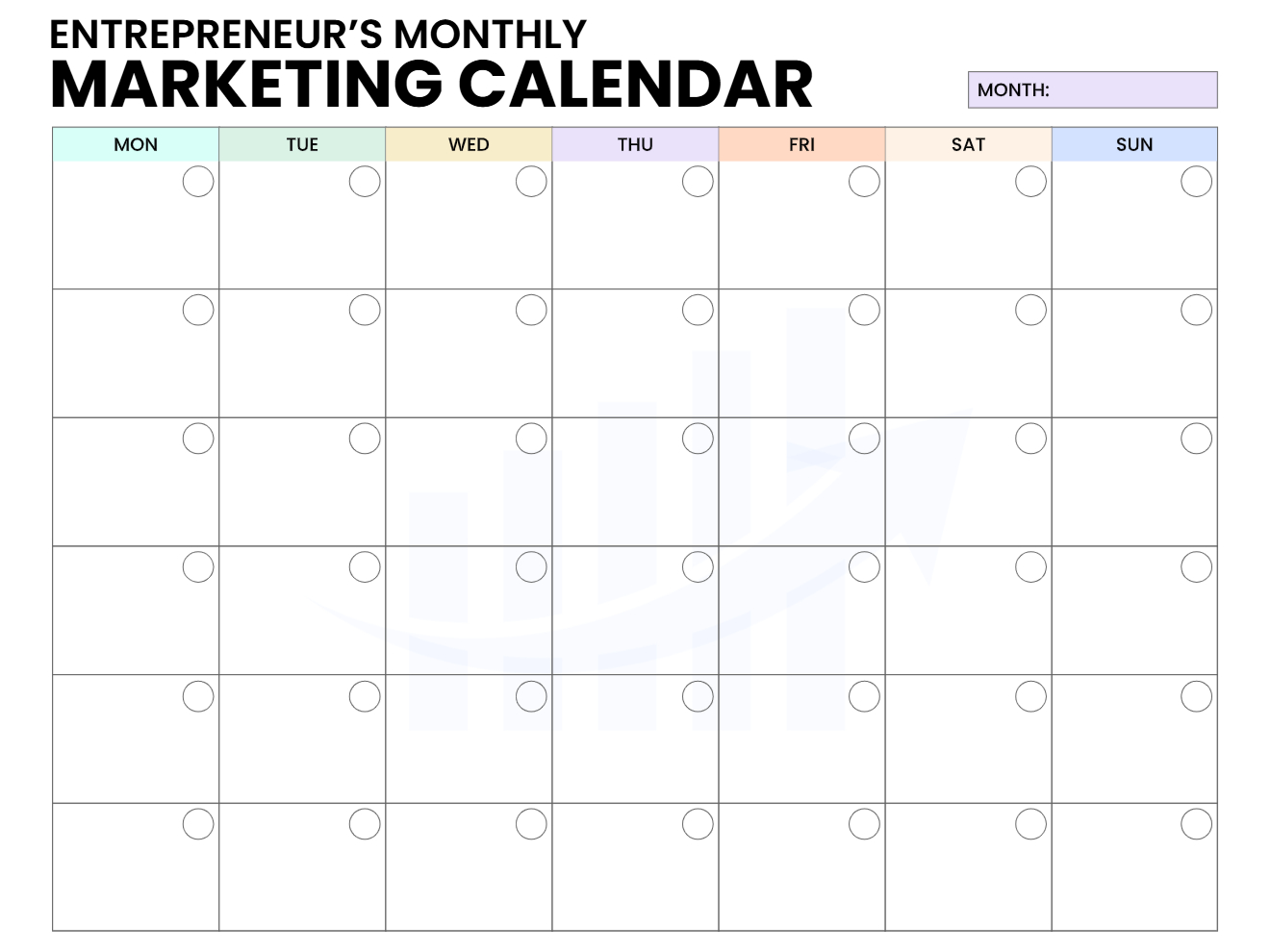 Entrepreneur's Monthly Marketing Calendar with 7-day grid, color-coded day headers, daily status circles, and large open date boxes on a white background.