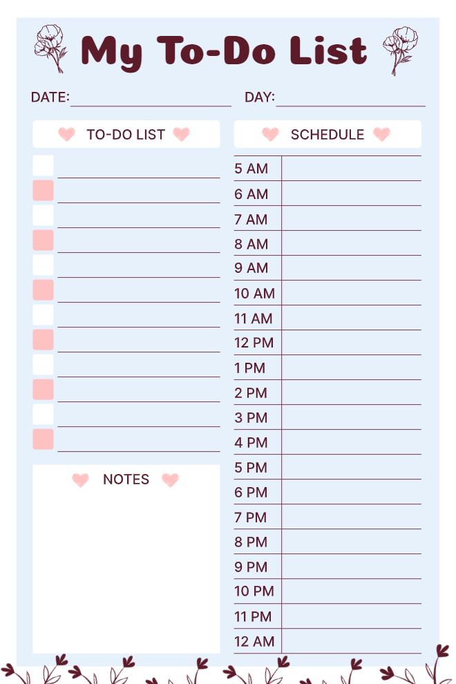Daily to-do list with hourly schedule from 5 AM to midnight, task checkboxes, and notes section