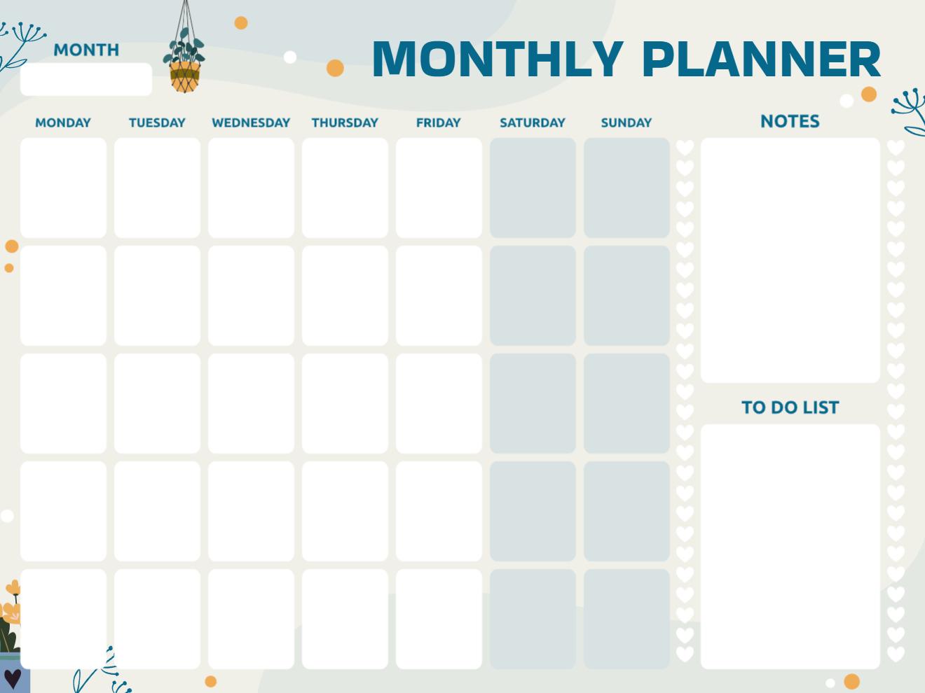 Boho plant monthly planner with large open day boxes, shaded weekend columns, right-side notes column, and to-do list on light blue botanical background.