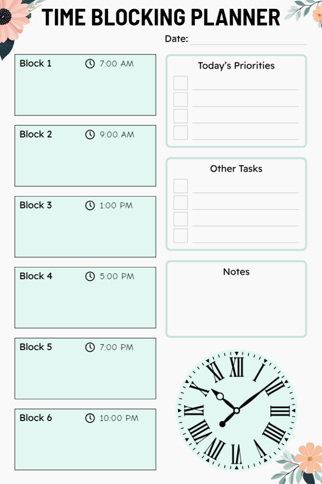 Time blocking planner with six customizable time blocks, a priorities checklist, other tasks, and a notes section