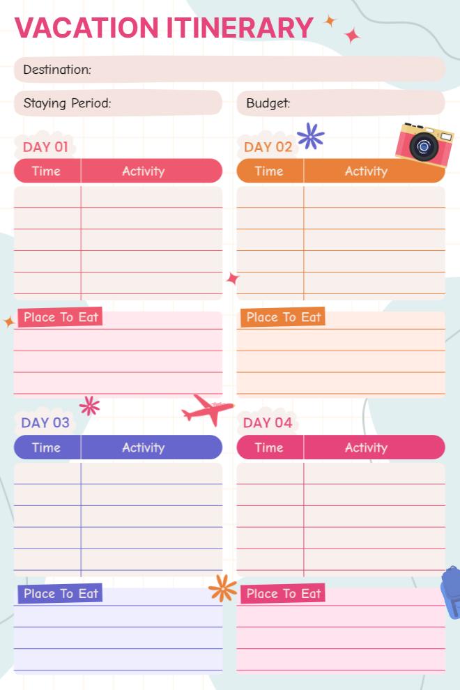Colorful four-day vacation itinerary with pink and purple day sections, time and activity tables, and a place to eat blocks for each day.
