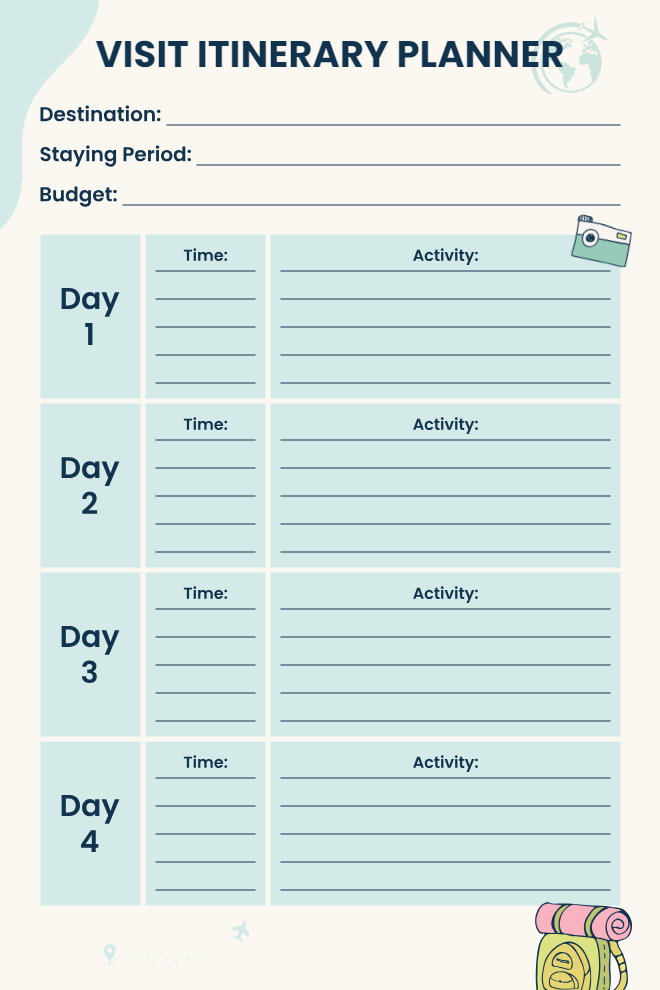 Teal visit itinerary planner with four-day sections, time and activity columns per day, and destination, staying period, and budget fields at the top.