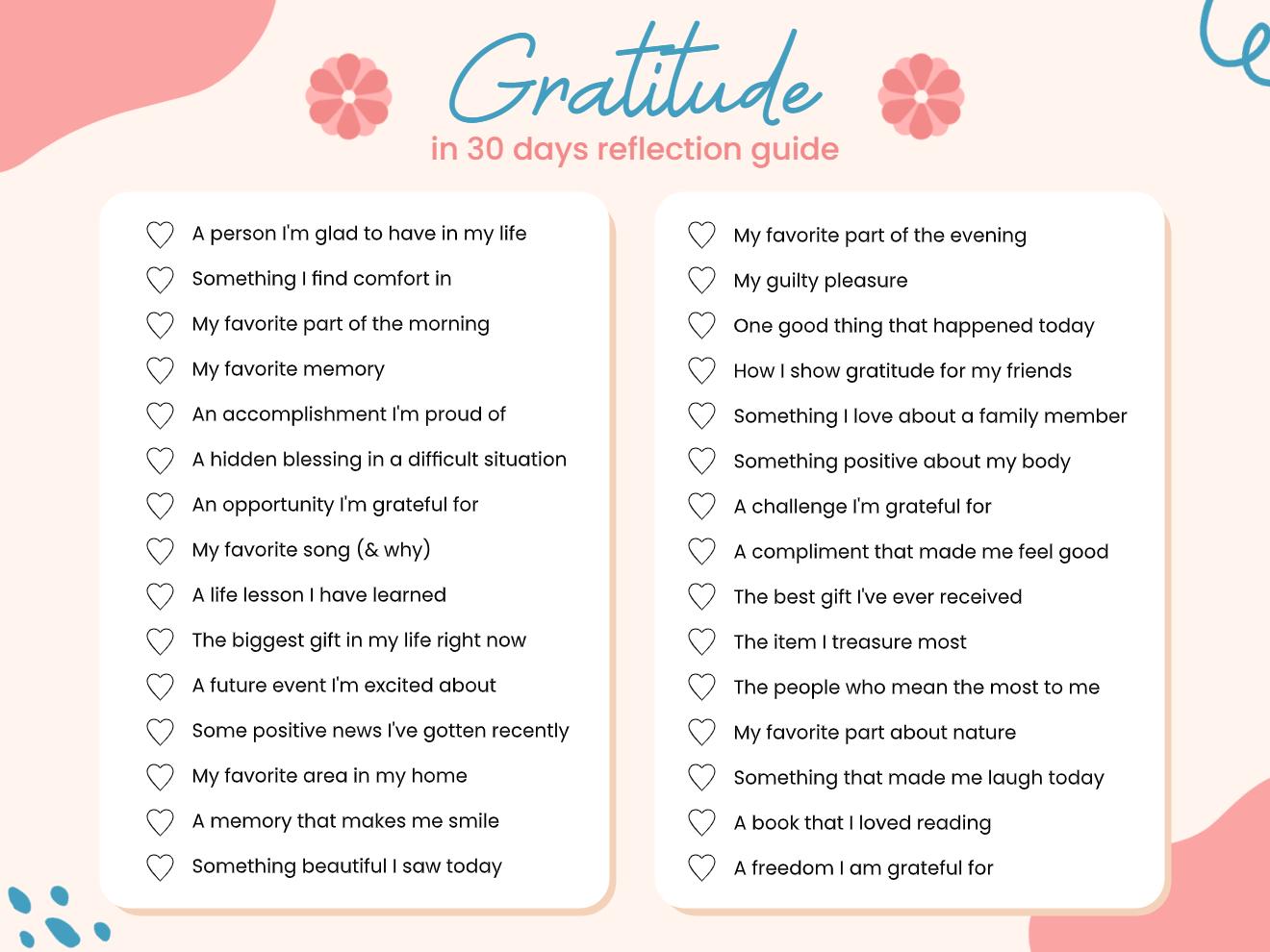 Pink 30-day gratitude guide with 30 heart-icon prompts covering personal growth and everyday moments