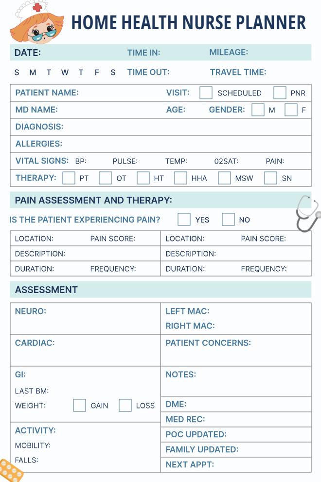 Home Health Nurse Planner in teal and white with nurse illustration, patient info table, vital signs, therapy checkboxes, two-column pain assessment section, and full body systems assessment grid with administrative follow-up fields.