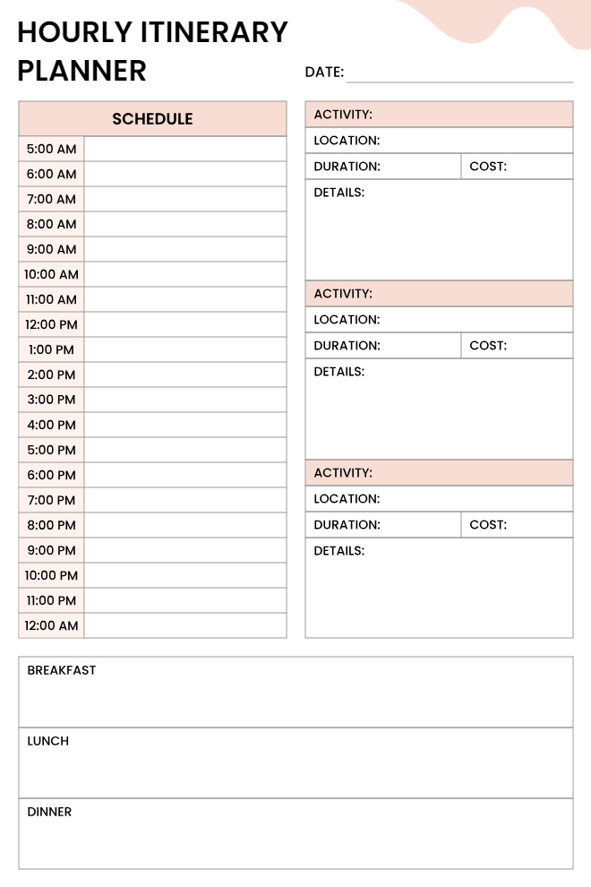 Minimal pink hourly itinerary planner with full daily schedule, three detailed activity blocks with cost fields, and breakfast, lunch, and dinner sections.