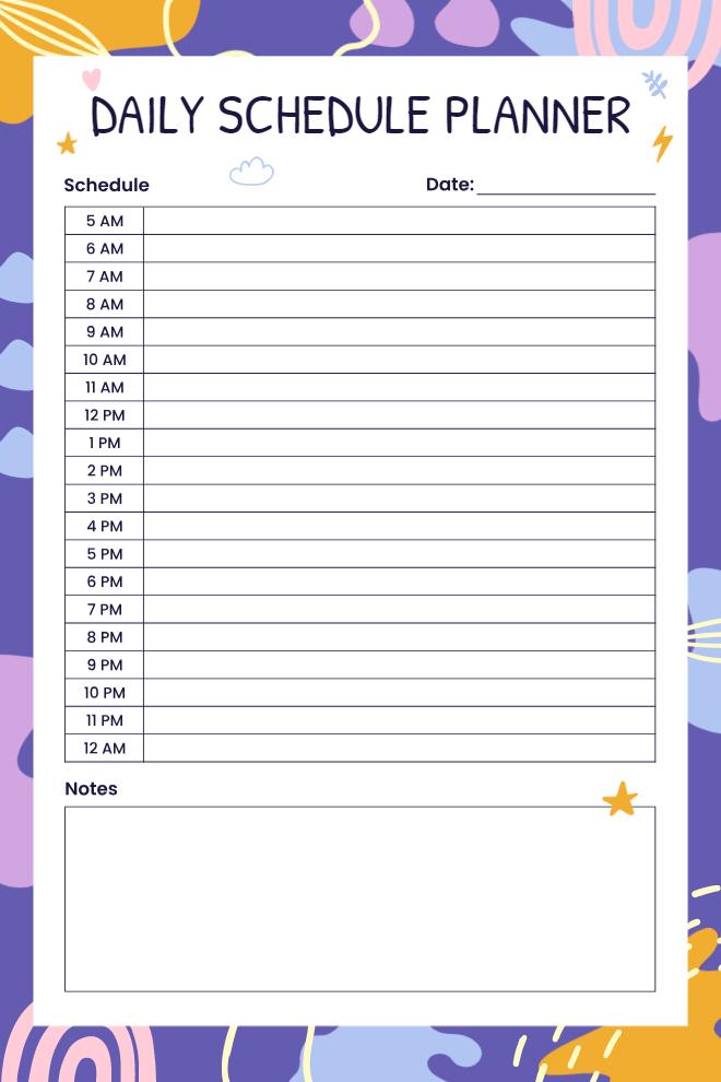 Colorful Daily Schedule Planner with purple abstract border, hourly slots from 5 AM to midnight, and notes box on white inner page.