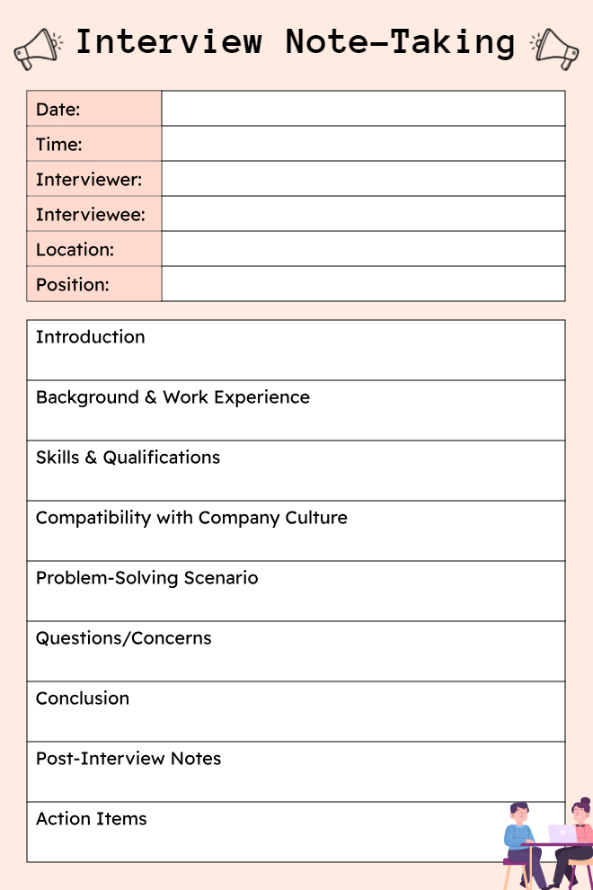 Interview Note-Taking template on peach background with bold black title and megaphone icons, pink-shaded info table with 6 fields, nine labeled open writing sections covering all interview stages, and desk illustration with two figures at bottom right.