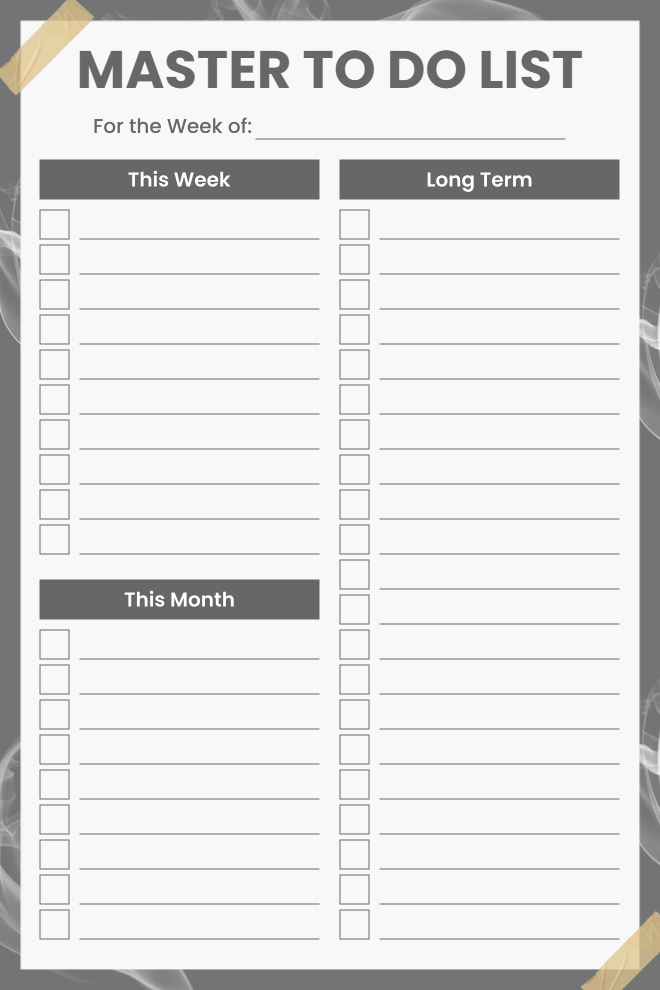 Master to-do list organized by this week, this month, and long-term sections
