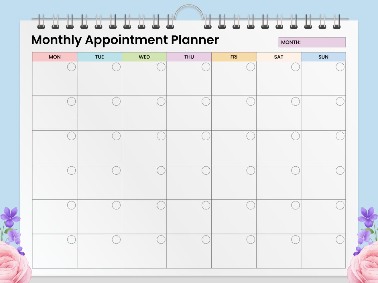 Monthly Appointment Planner with spiral-bound design, 7-day grid, color-coded day headers, per-date status circles, and floral border on light blue background.