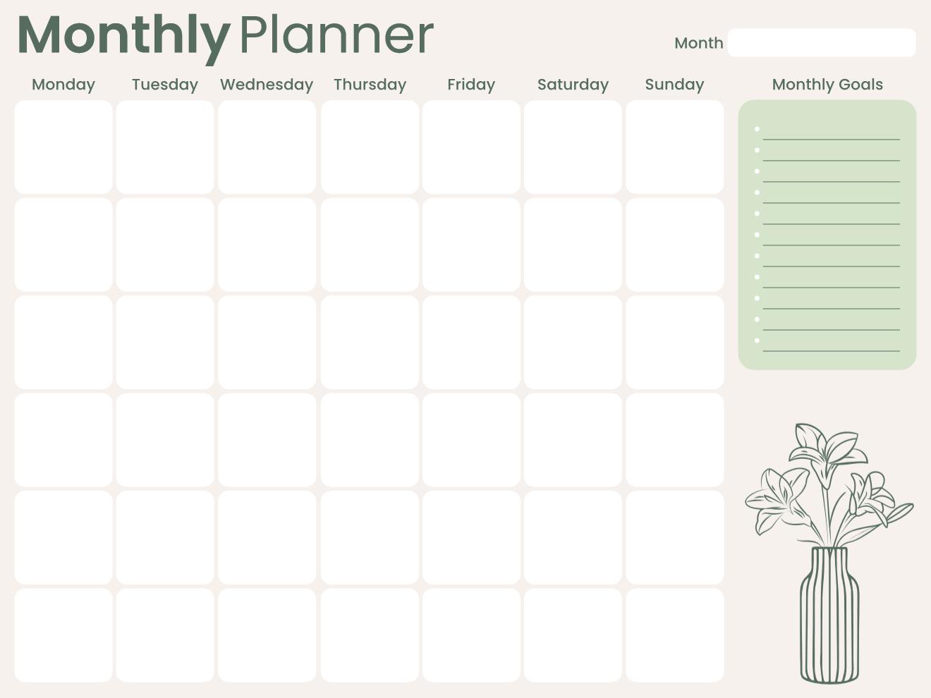 Minimal green monthly planner with 7-day rounded calendar grid, monthly goals bullet list, and botanical flower vase illustration on cream background.