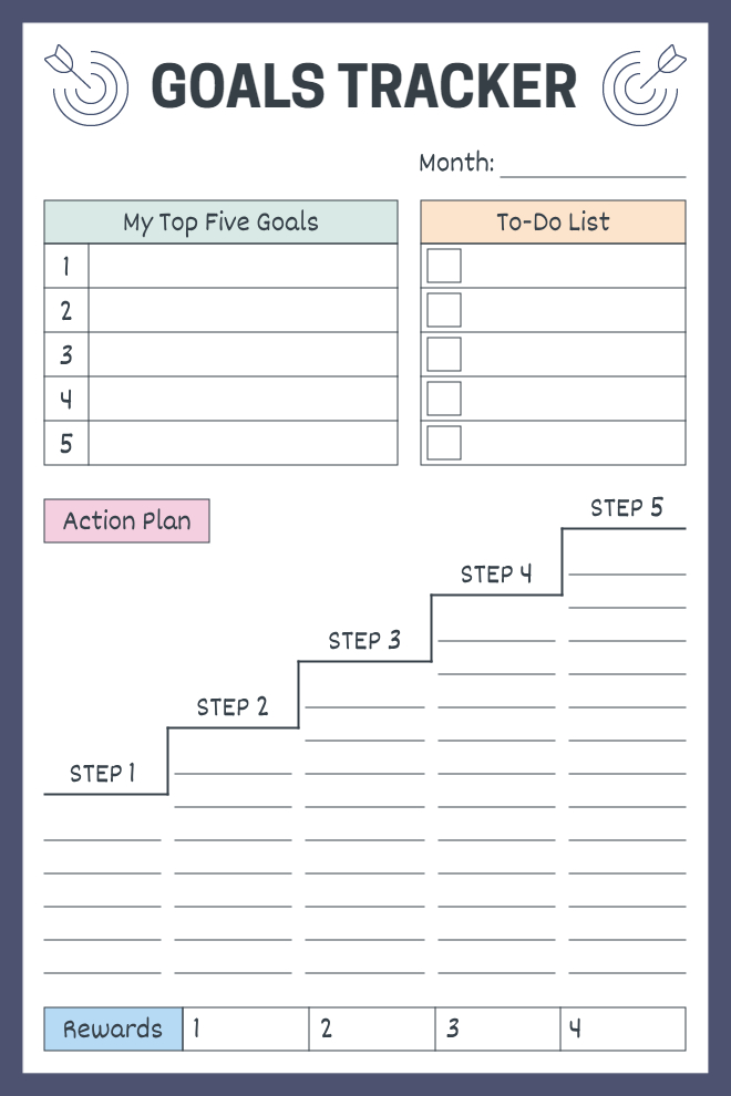 Goals tracker with top 5 goals, to-do list, staircase action plan, and rewards