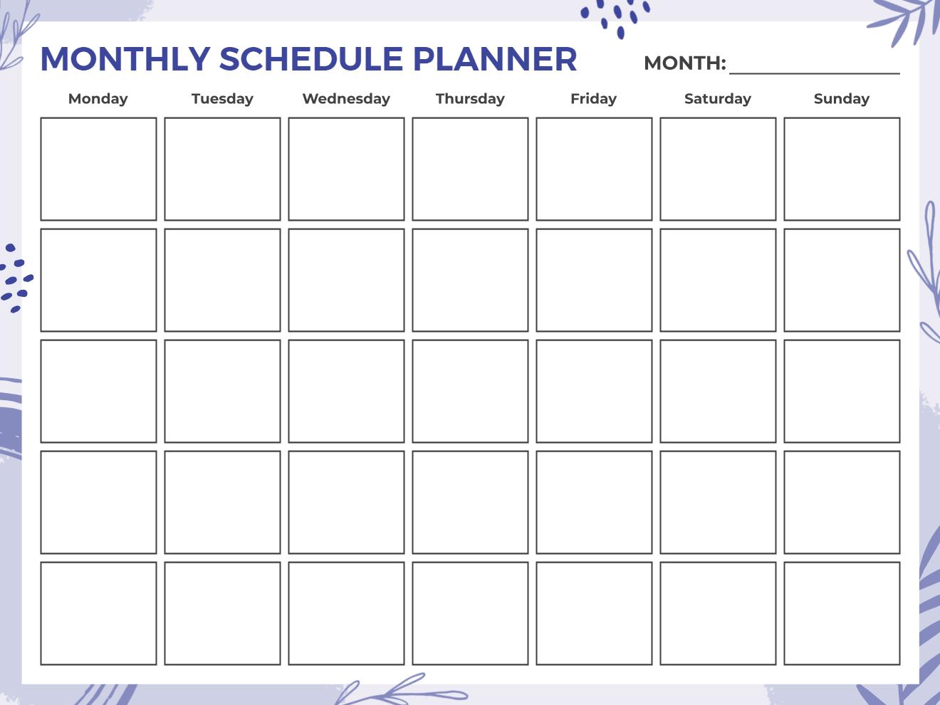Purple botanical monthly schedule planner with 7-day grid, large open date boxes, month field, and blue and purple leaf border on white background.