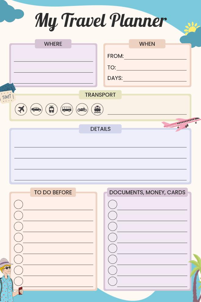 Colorful travel planner with destination, dates, transport icons, trip details, pre-travel to-do checklist, and documents and money checklist sections.