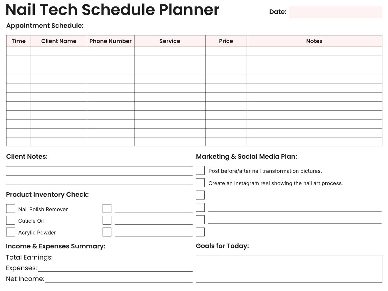Nail Tech Schedule Planner with client appointment table, product inventory checklist, marketing plan, income and expenses summary, client notes, and daily goals section on white background.