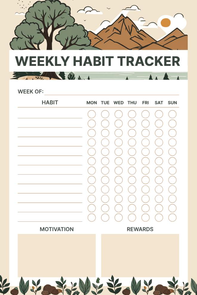 Weekly habit tracker with nature illustration, motivation section, and rewards area