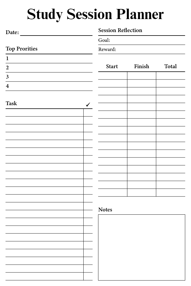 Minimal Study Session Planner with top priorities, task checklist, start-finish-total time tracker, session reflection, goal, reward, and notes sections on a white background.