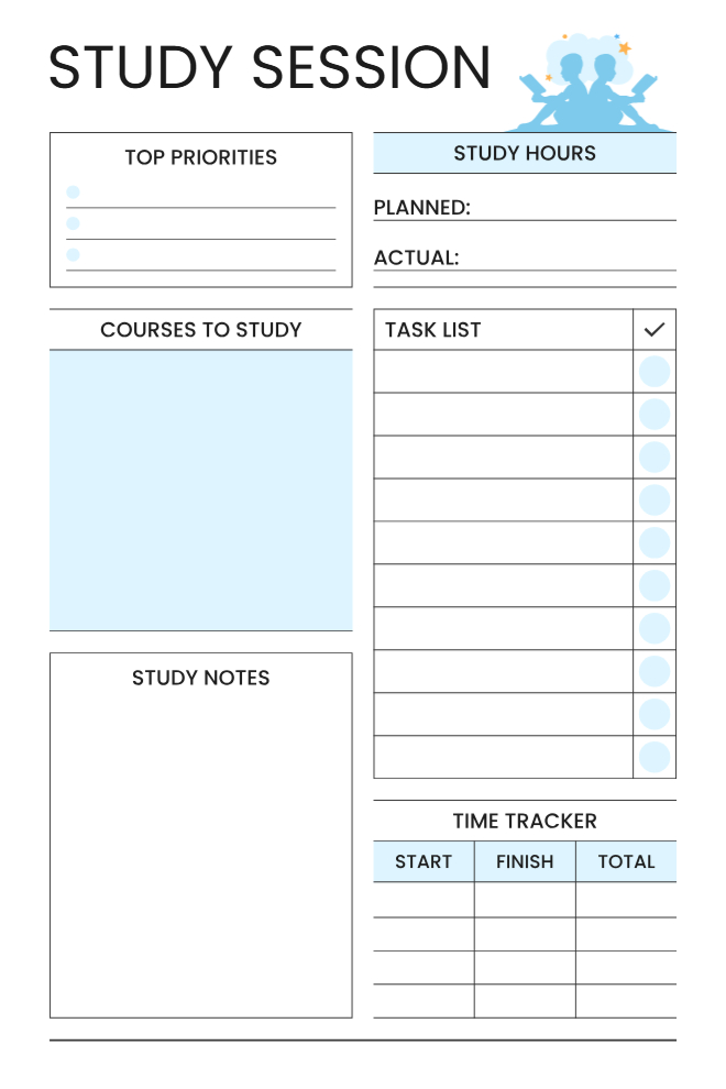 Study Session Tracker in blue and white with top priorities, courses to study, task list, planned vs actual hours, time tracker, and study notes sections.