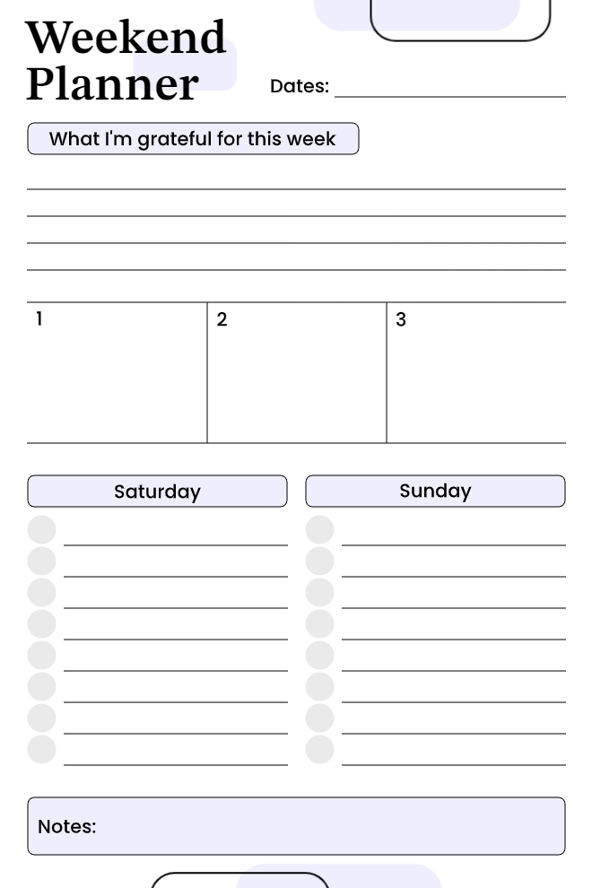 Weekend Planner on white background with lavender accents, gratitude section, three numbered priority boxes, side-by-side Saturday and Sunday task lists with circle bullets, and notes bar at bottom.