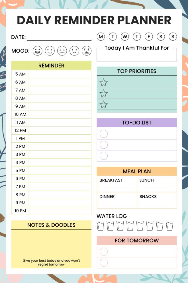 Colorful daily reminder planner with hourly schedule, mood tracker, top priorities, to-do list, meal plan grid, and water log.