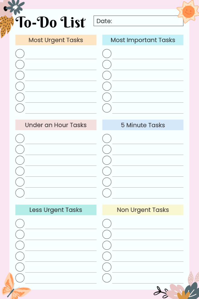 Priority-based to-do list with sections for urgent, important, quick tasks, and non-urgent items