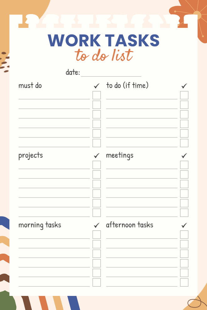 Work tasks to-do list with must-do, projects, meetings, and time-based task sections