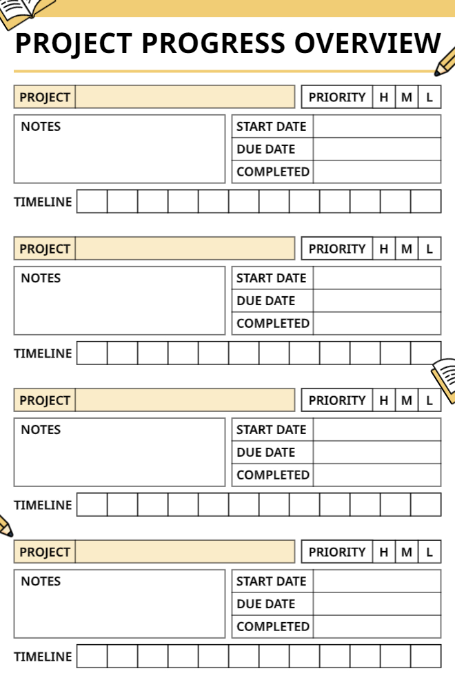 Project Progress Overview on white with bold black title, four yellow-accented project blocks each containing project name, H/M/L priority selector, notes box, dates, completed field, and timeline grid row.