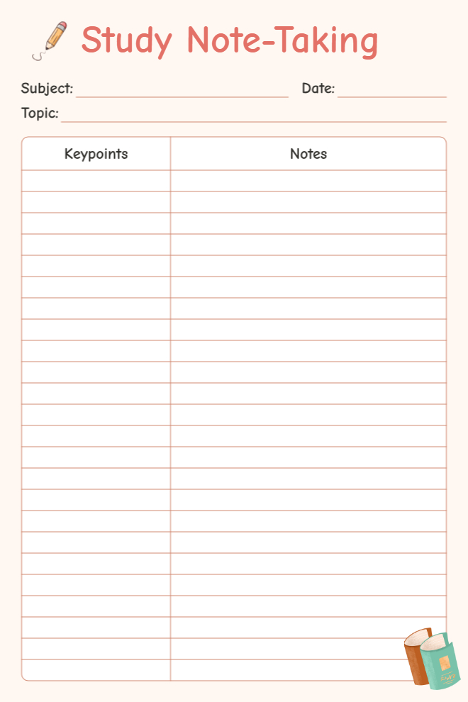 Study Note-Taking template on warm peach background with coral-pink title and pencil icon, subject, date, and topic fields, two-column keypoints and notes table with 20 rows, and small book stack illustration at bottom right.