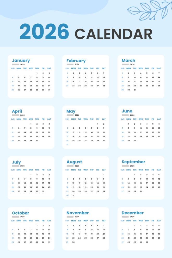2026 yearly calendar in light blue with botanical leaf accents showing all months